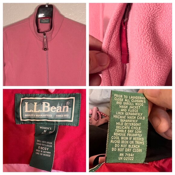 L.L.Bean M Red Pink Hooded Nylon Jacket Detachable Fleece Liner Water-Resistant - Picture 11 of 16